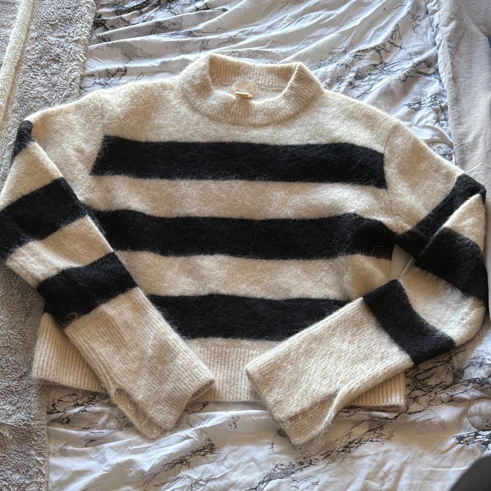 H&M Cream and Black Fuzzy Striped Crewneck Sweater